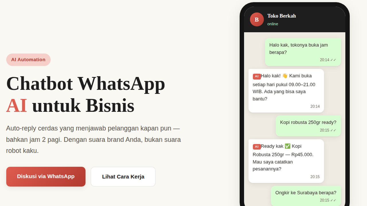 Chatbot WhatsApp AI untuk bisnis — contoh percakapan auto-reply