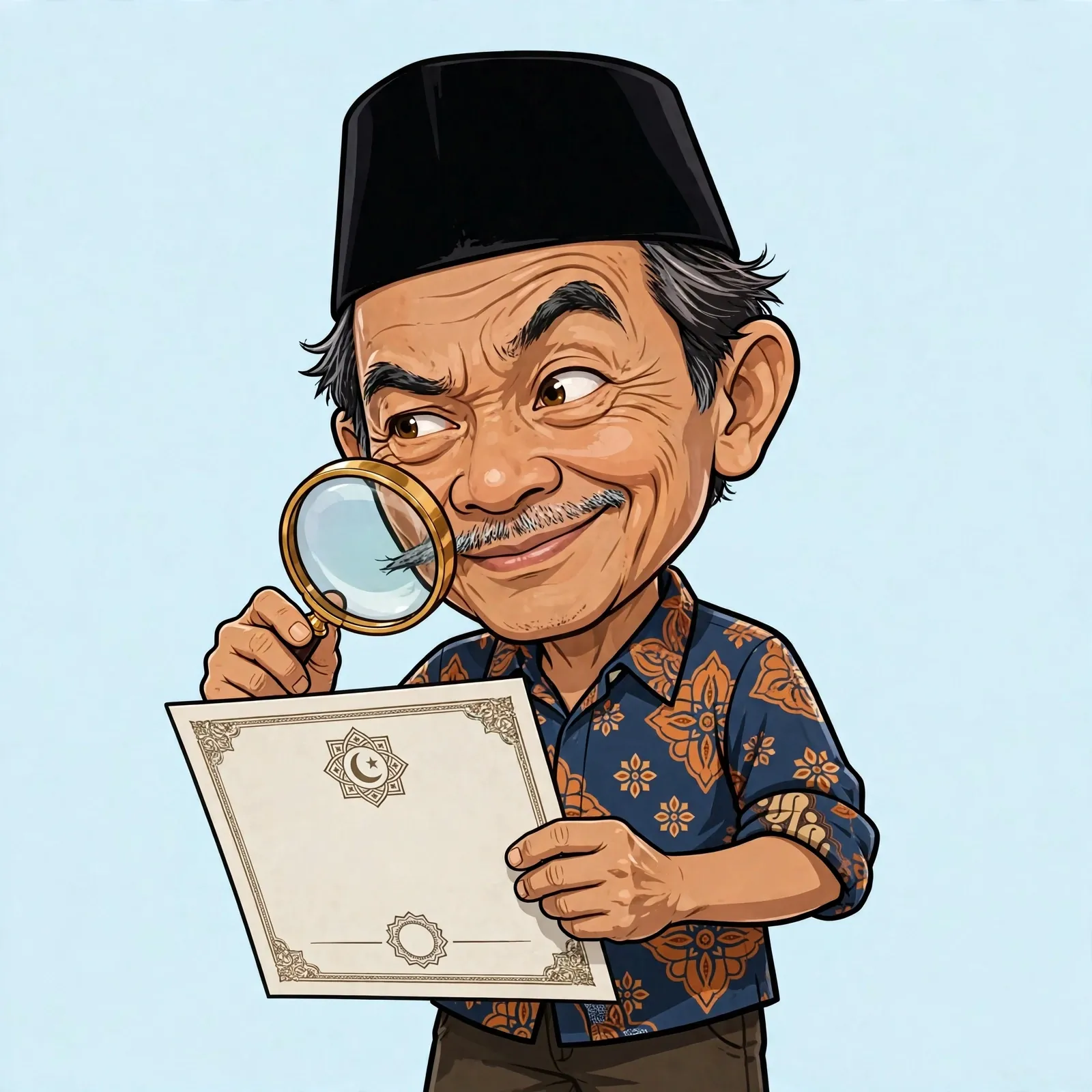 Ilustrasi Mbah Darsono meneliti sertifikat halal