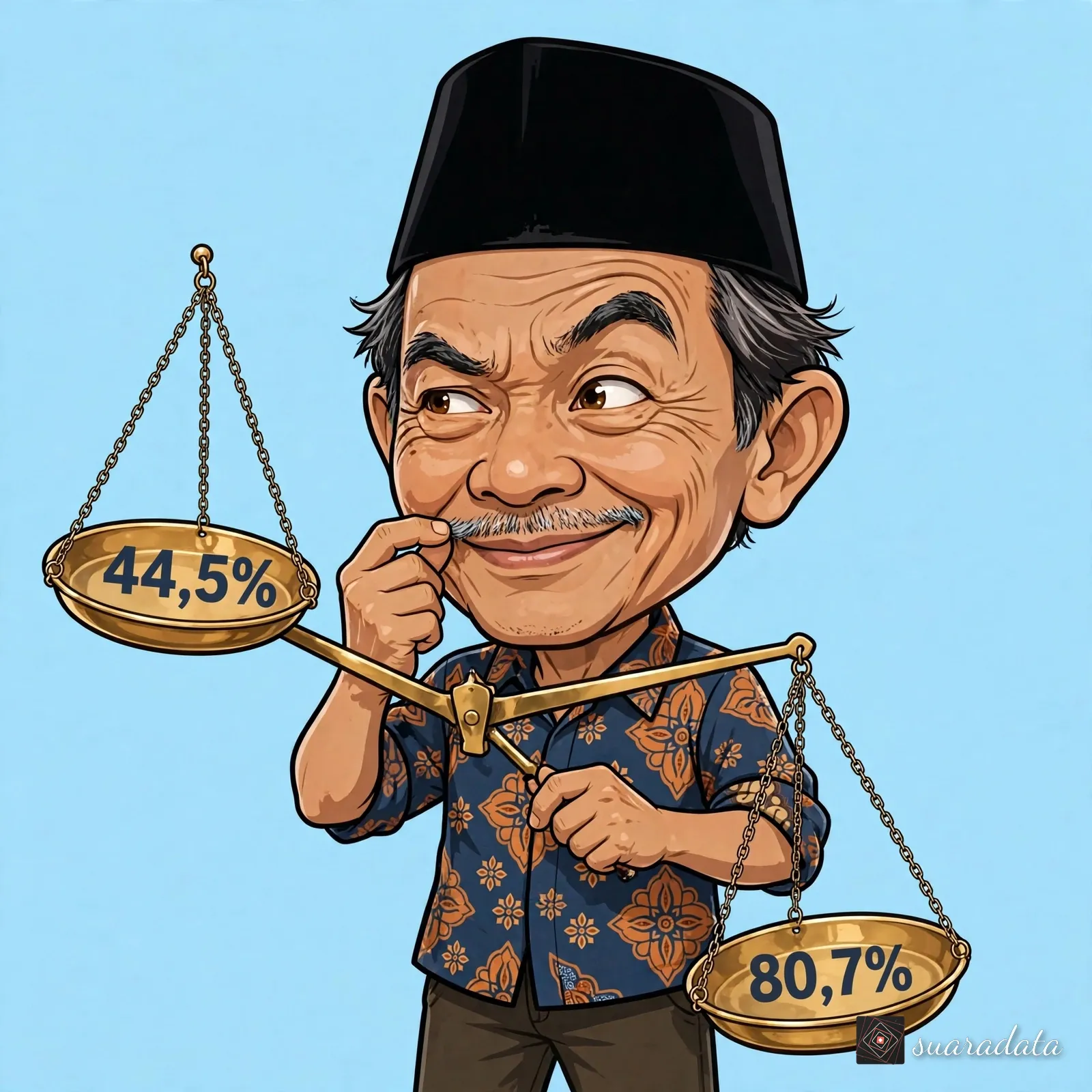 Ilustrasi Mbah Darsono memegang timbangan miring: 44,5% vs 80,7%